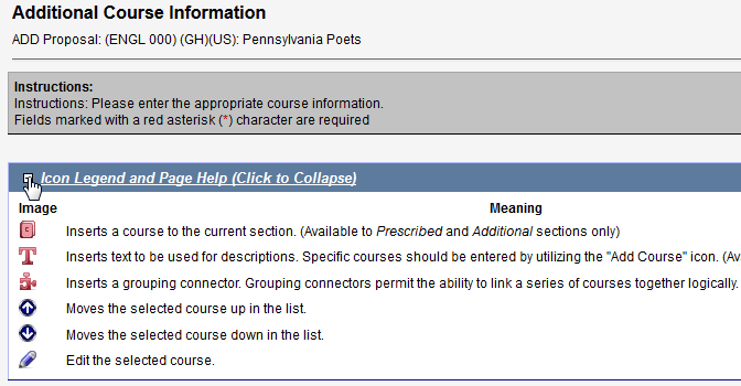 Screen capture of first portion of Additional Course Information screen.