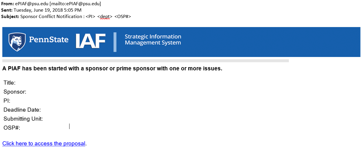 Email states "A PIAF has been started with a sponsor or prime sponsor with one or more issues."