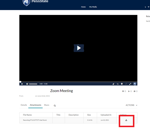 The chat file in the recordings tab with the download icon highlighted