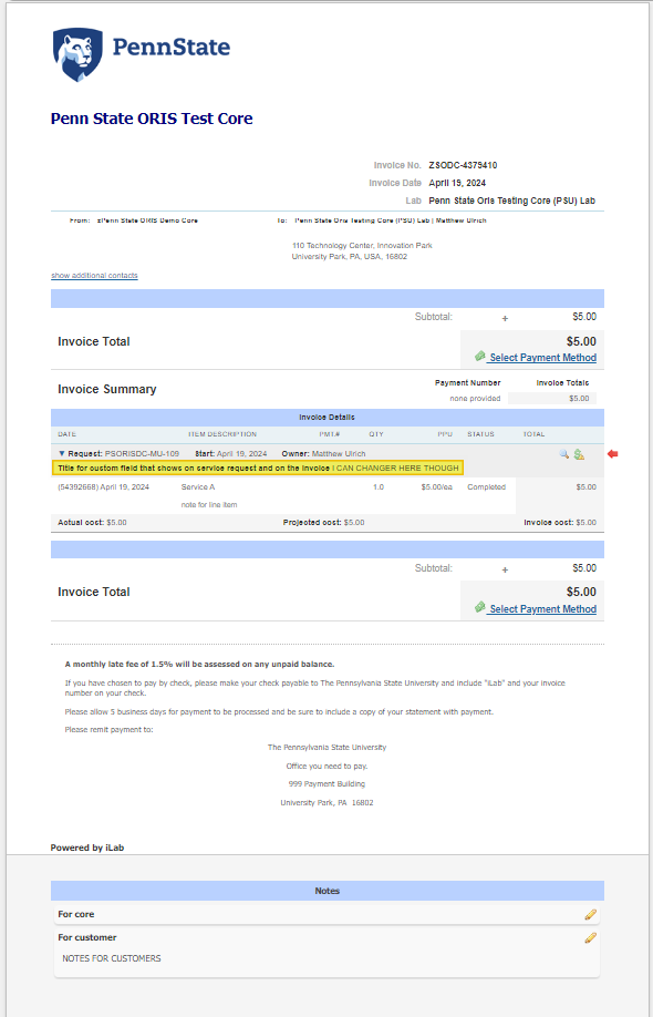 Example of invoice with custom field highlighted