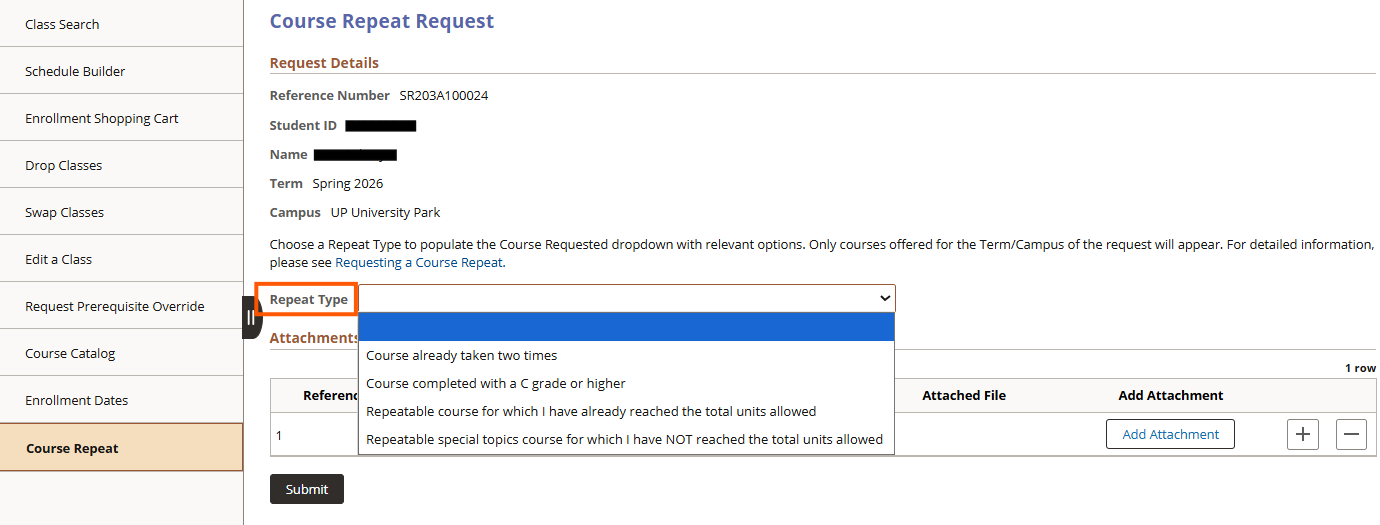 Course Repeat Request with Repeat Type dropdown highlighted