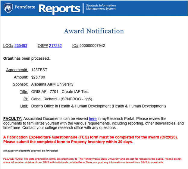 Award Notification FEQ