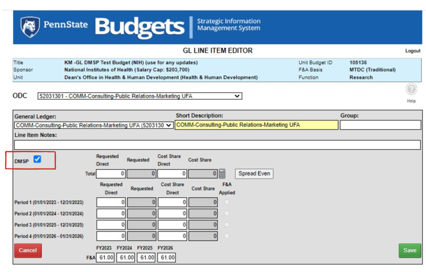 DMSP checkbox checked on the ODC GL line item editor view.