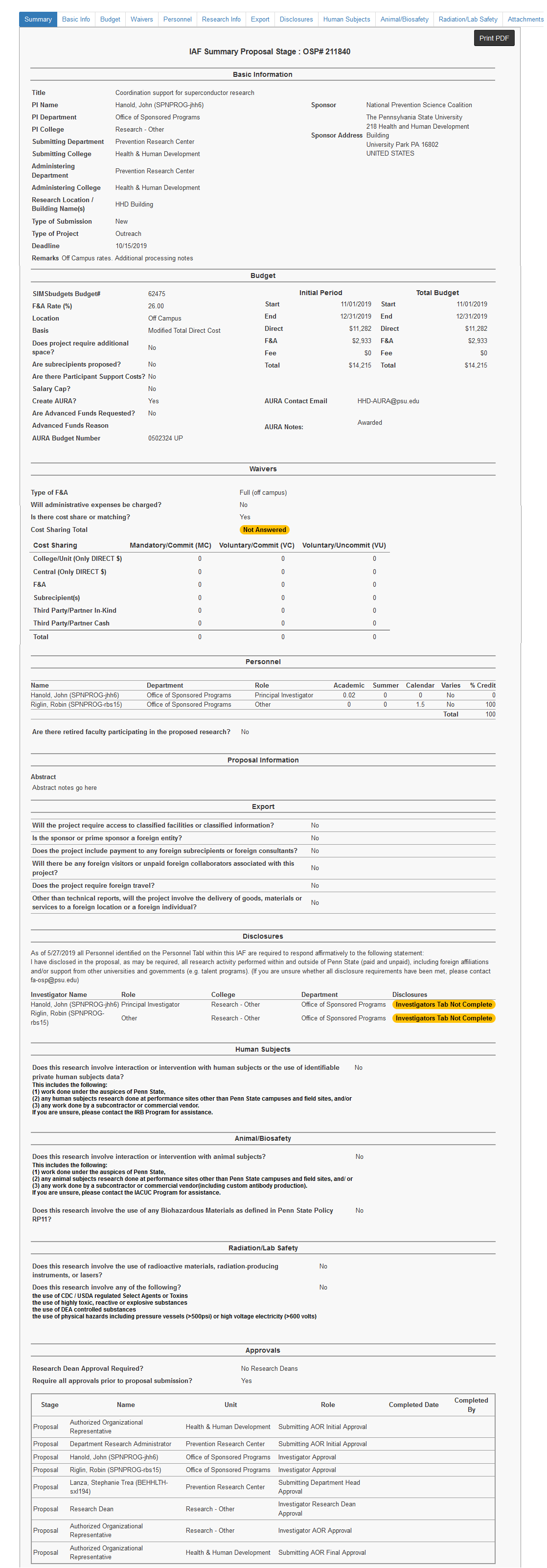 The Summary Tab shows a compilation of all the data entered from each individual tab.