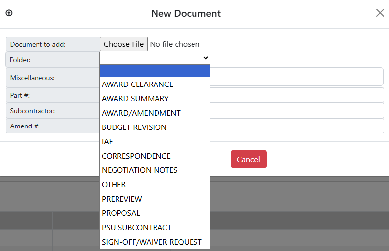 View of the New Document pop-up in the Document Manager with folder selection expanded.