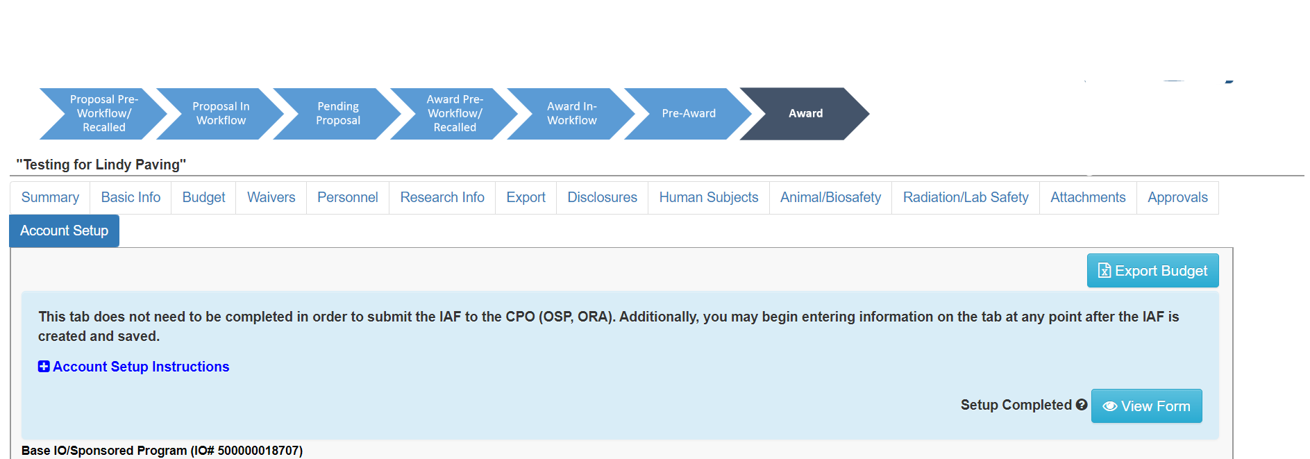 IAF Account Setup tab view showing the Export Budget button.