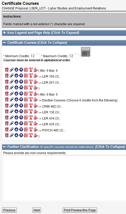 Screen capture of Certificate Courses screen with required and elective courses listed.