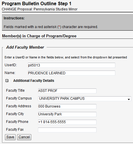 Screen capture of Members in Charge of Program/Degree section of Program Bulletin Outline Step 1 screen.