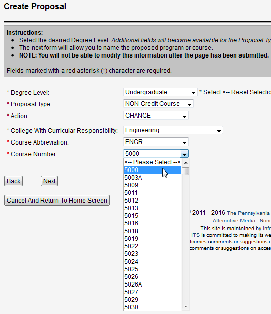 Screen capture of Create Proposal screen with undergraduate, non-credit course, change, engineering, the abbreviation, and number selected.