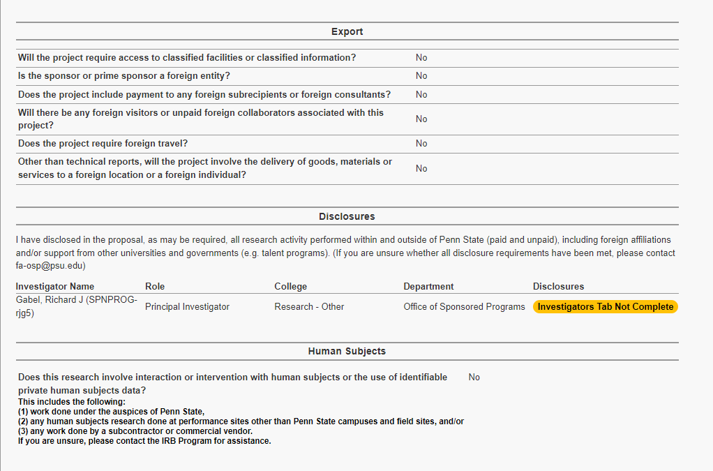 Export, Disclosures and Human Subjects sections of the IAF Summary
