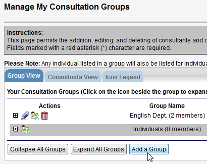 Screen capture of Manage My Consultation Groups screen indicating Add a Group button.