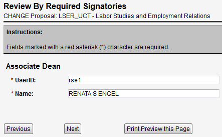 Screen capture of Review By Required Signatories screen.