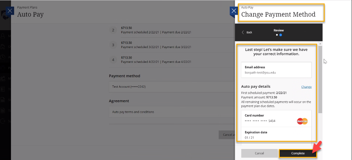 Screenshot of confirmation of Change Payment method page (credit card)