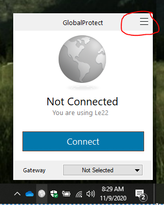 Global Protect VPN choosing the menu icon