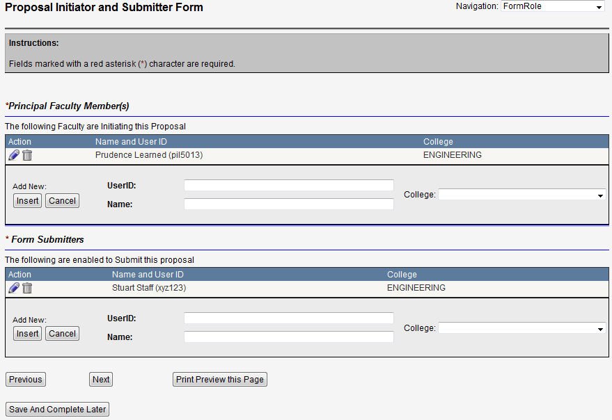 Screen capture of Proposal Initiator and Submitter Form filled in with the faculty and staff member name, user I D, and college.