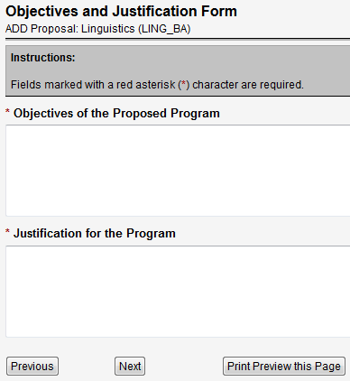 Screen capture of Objectives and Justification Form.