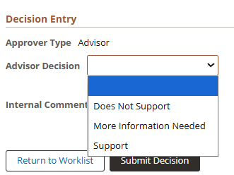 Decision Entry section of the page showing the Advisor Decision dropdown choices
