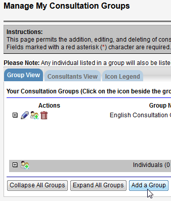 Screen capture of Manage My Consultation Groups screen with Add a Group button.