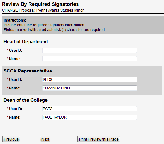 Screen capture of Review By Required Signatories screen.
