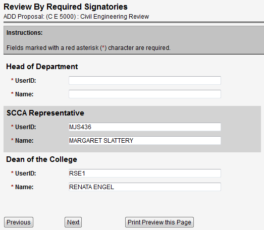 Screen capture of Review By Required Signatories screen with SCCA Representative and Dean of the College automatically filled in, but Head of Department needing to be filled in.