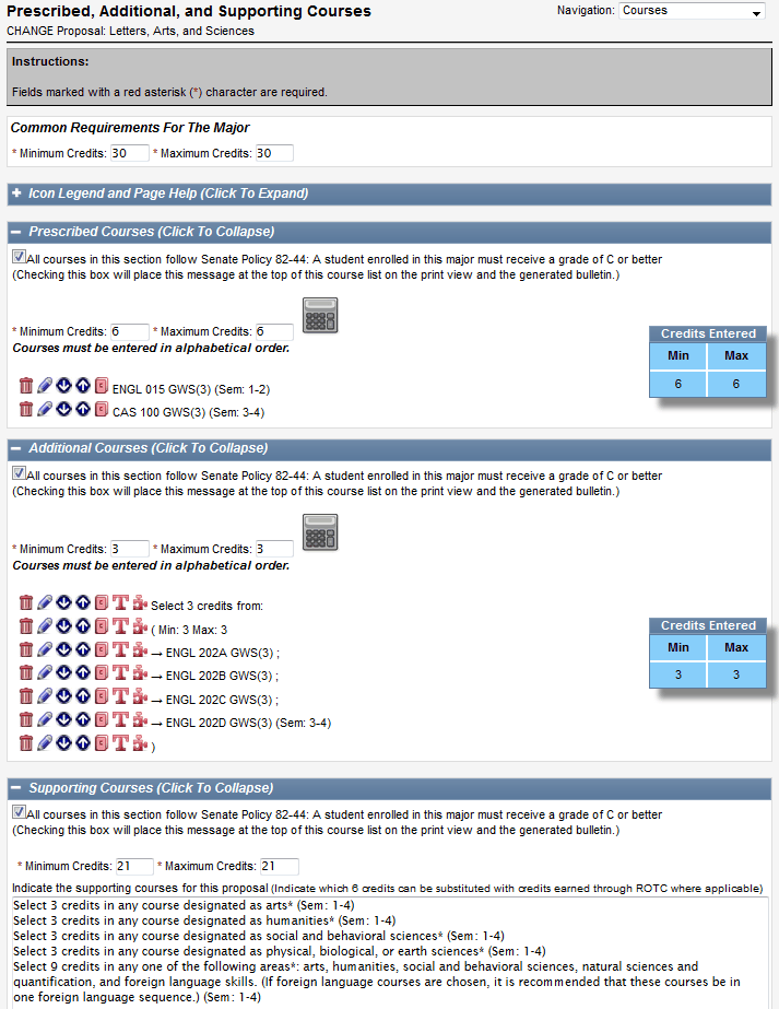 Screen capture of Prescribed, Additional, and Supporting Courses screen.