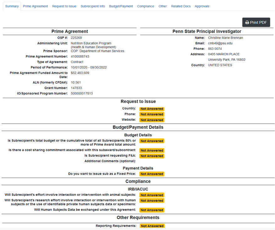 Public Knowledge Base ORIS SIMS PSSUB Summary Tab