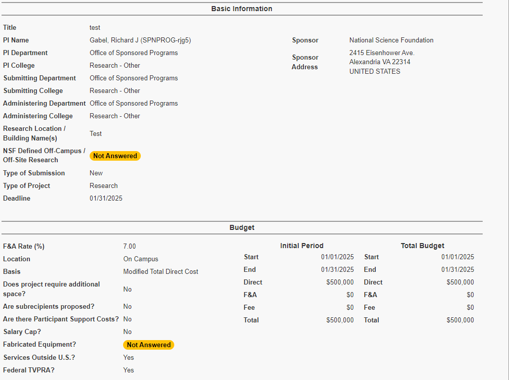 Basic and Budget Information Sections on Summary Page