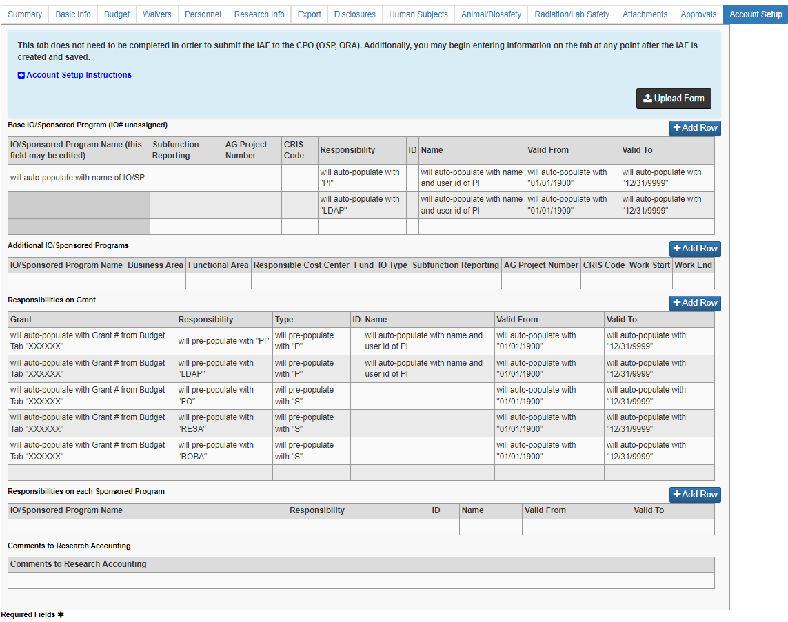 Account Setup tab with instructions condensed.  Indicates tabular data fields which may autopopulate.
