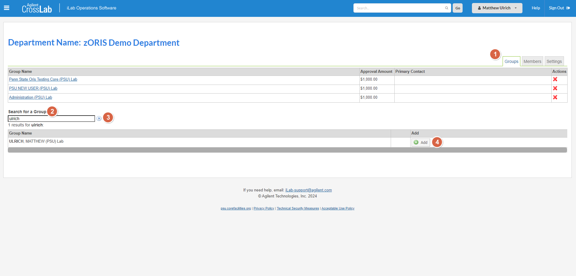 Screen shot of department view with numbers on where to click