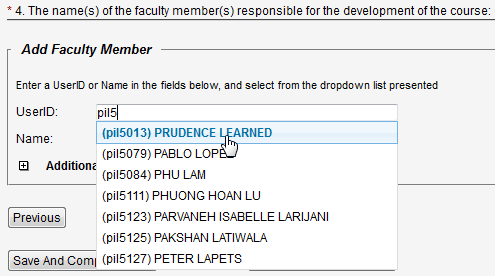 Screen capture of Add Faculty Member portion of Course Outline screen in which entering part of a user I D displays a list of people from whom to select.