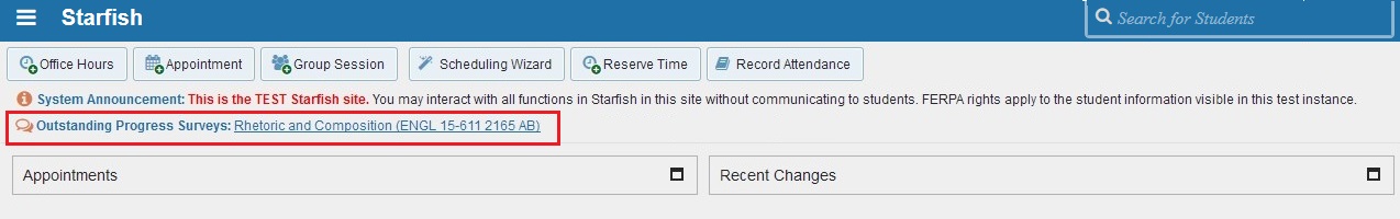 Starfish homepage highlighting "Outstanding Progress Surveys" link