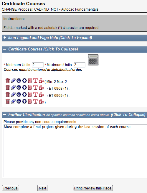 Screen capture of Certificate Courses screen with 2 courses listed.