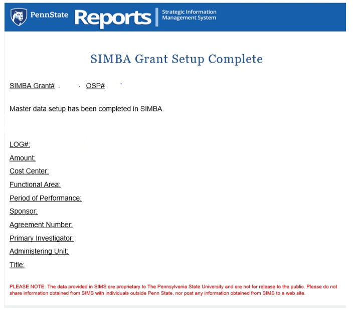 SIMBA grant setup complete example email.