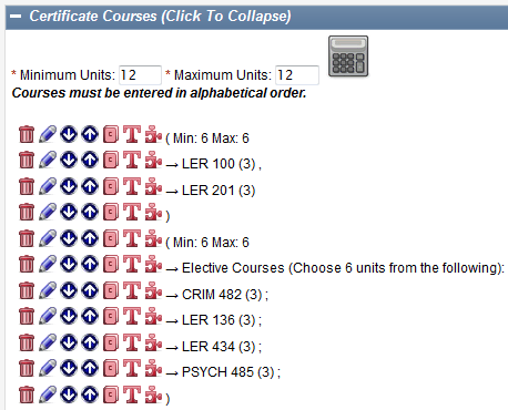 Screen capture of completed list of groups, min and max units, and courses.