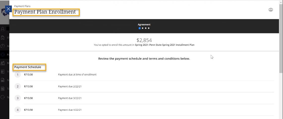 Screenshot of Payment Plan Enrollment page listing payment schedule