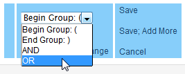 Screen capture of Group Connector pull-down menu with OR selected.