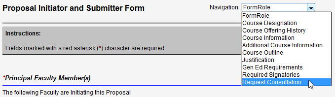 Screen capture of selecting Request Consultation from proposal navigation pull-down menu.