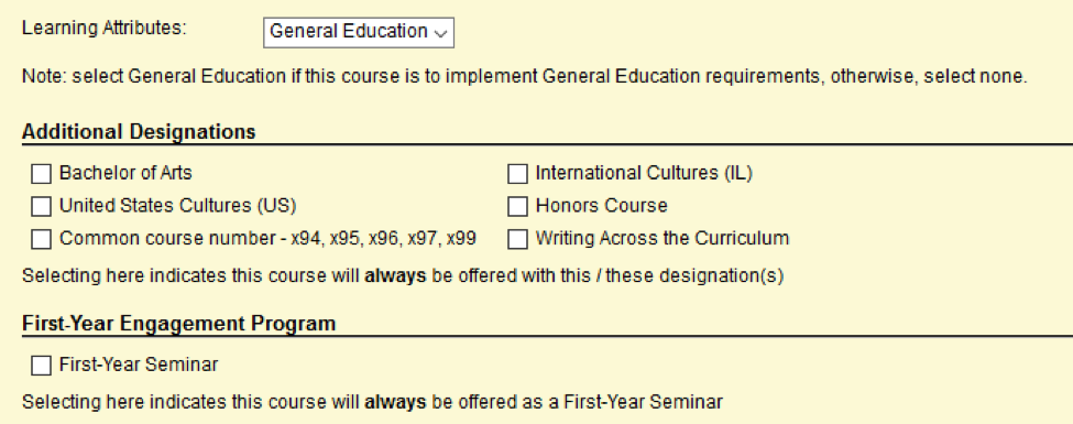 Screen capture of portion of screen with Learning Attributes and Additional Designations settings.