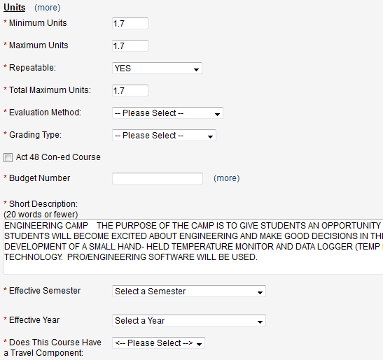 Screen capture of Units section of Course Information screen.