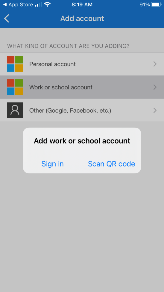 Add work or school account on Microsoft Authenticator app