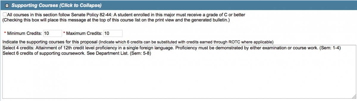 Screen capture of Supporting Courses form showing completed information.