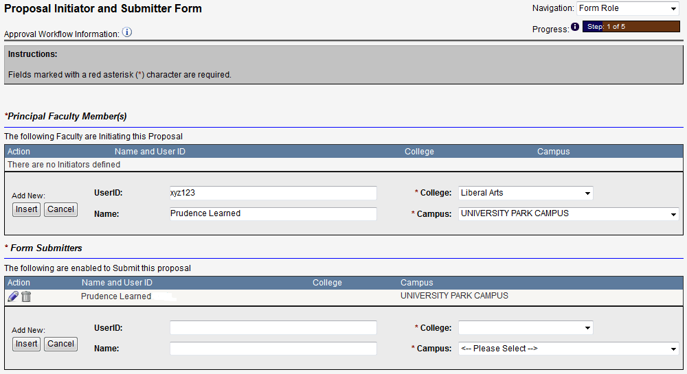 Screen capture of Proposal Initiator and Submitter Form.