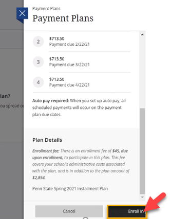 Screenshot of Payment Plan details
