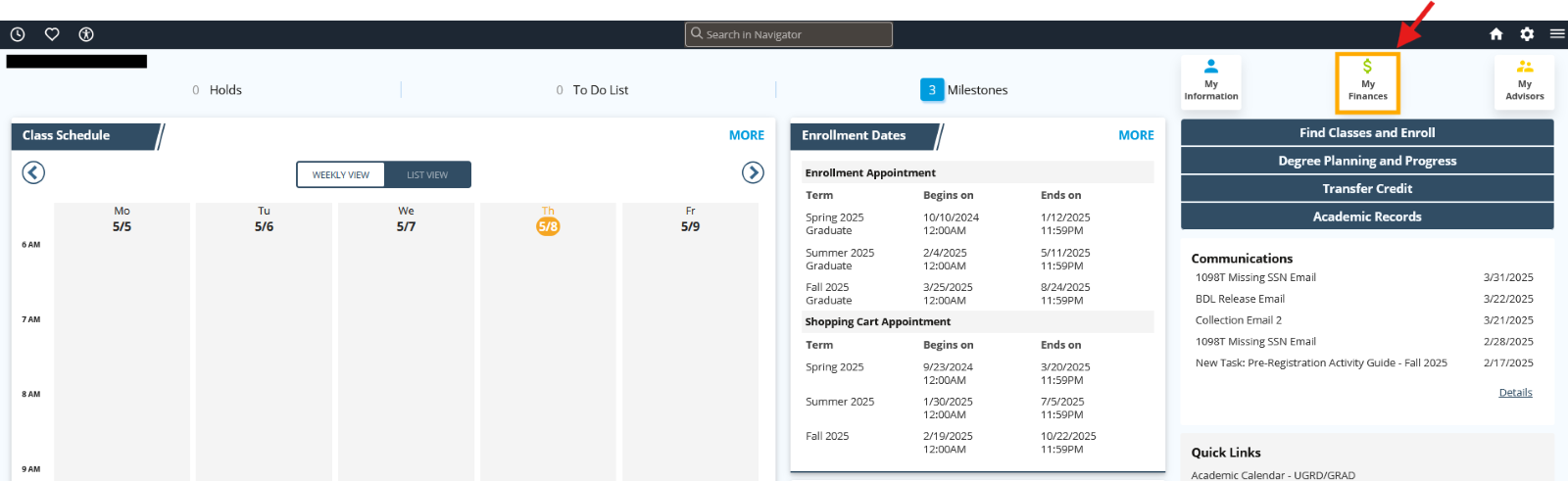 Screenshot of Student Home base, pointing to My Finances button, Picture, Picture, Picture