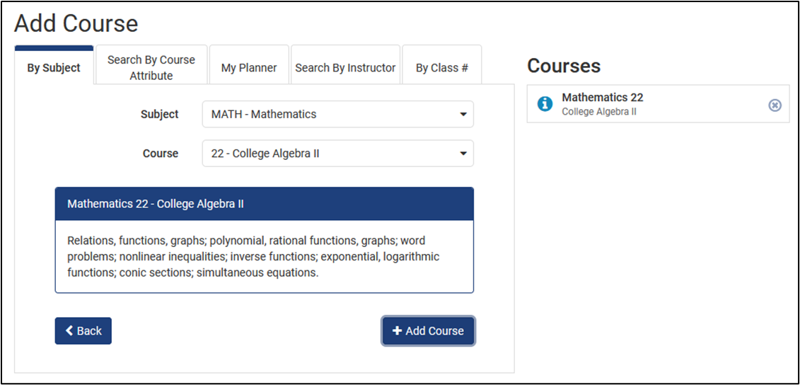 Screenshot of Add Courses where a search for courses can be completed by subject, course attribute, my planner, instructor, and class number.