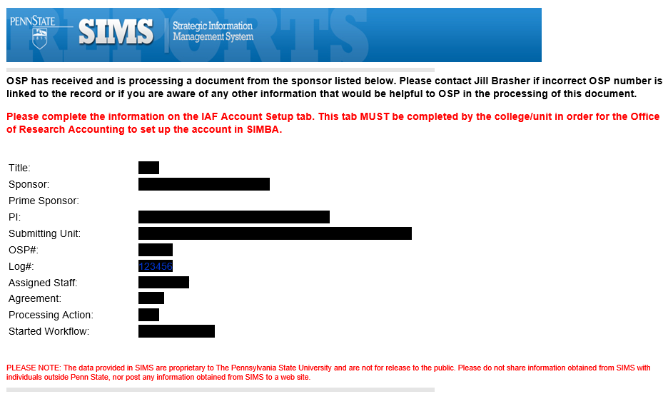 Log Match Email with red text detailing required steps for SIMBA Integration.