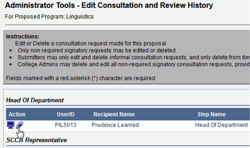 The pencil icon on the Edit Consultation and Review History page is to the direct right of the View Comments icon and is the second icon from the left.