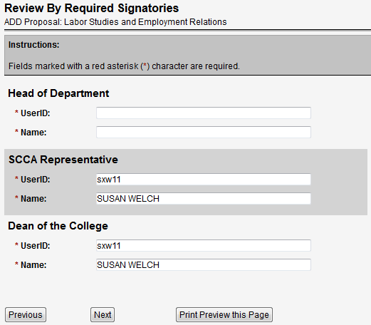 Screen capture of Review By Required Signatories screen with SCCA Representative and Dean of the College automatically filled in, but Head of Department needing to be filled in.