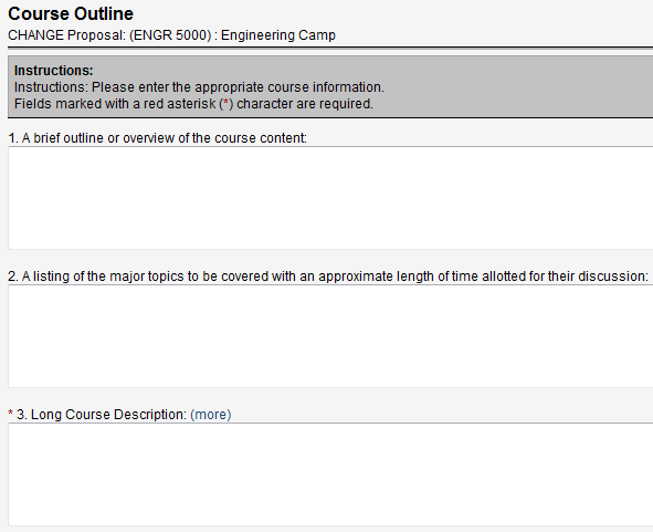 Screen capture of first portion of Course Outline screen with brief outline, major topics, and long course description fields.