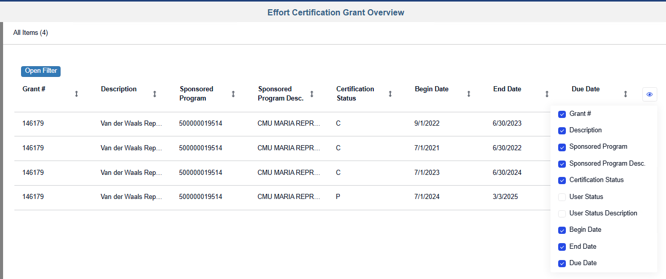 Effort Certification Grant Overview screen